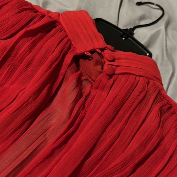 Express Mock Neck Long Sleeve Pleated Waist Tiered Ruffle Mini Red Dress - Picture 7 of 9